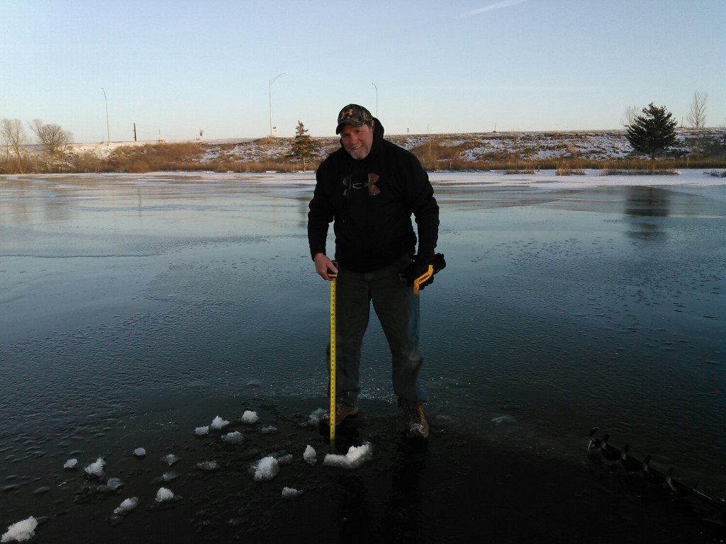 Jeff Hayward checked the ice thickness on Swan Lake at Heartland Acres and found the ice to be 9.75â€ thick on January 13, 2016.  The Heartland Acres Ice Fishing Derby and Lions Club Valentineâ€™s Day Brunch is set for Sunday, February 14, 2016.